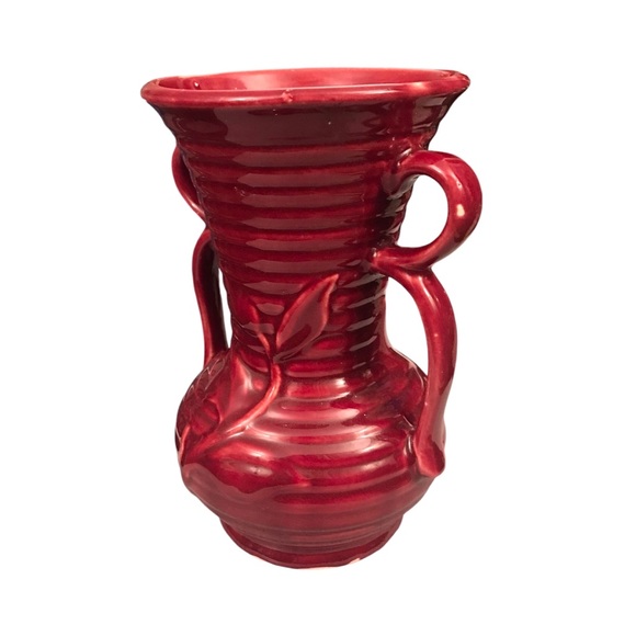 Shawnee Pottery USA Ribbed Daisy Flower Vase Cranberry Red Double Handle 7.5" - Picture 12 of 14